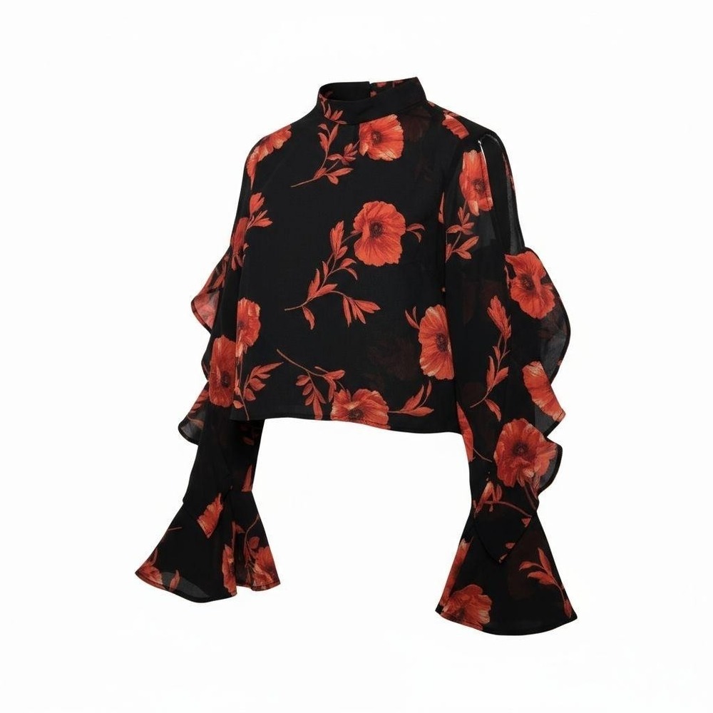 Forever 21 Blouse Womens Medium Black Floral Sheer Mock Neck Ruffle Bell‎ Sleeve